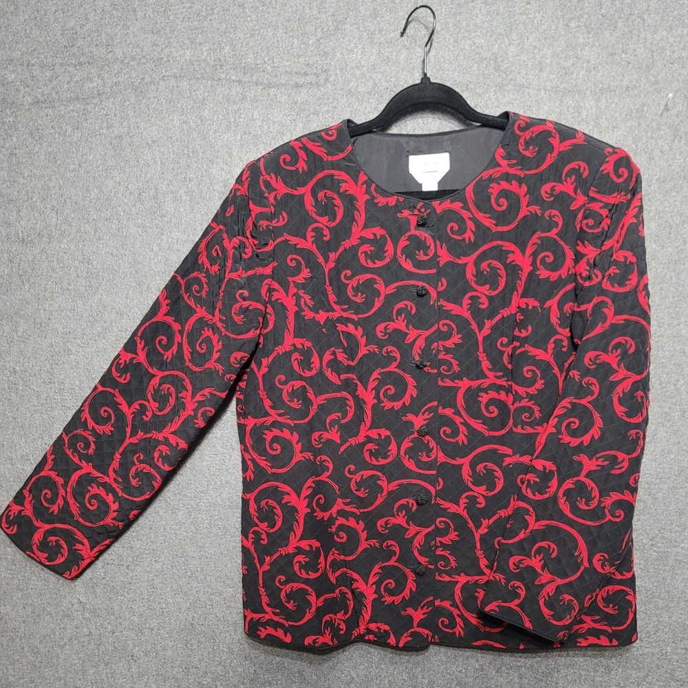 Vtg Talbots Silk Quilted Jacket Baroque Scroll Print Frog Button Front Sz 18